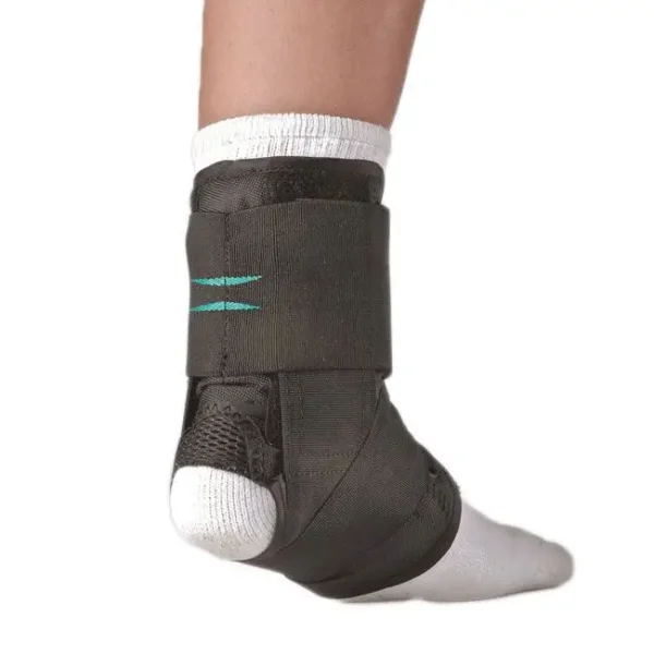 A close-up of OAPL Figure 8 ankle brace on a human leg, designed to provide stability and support.