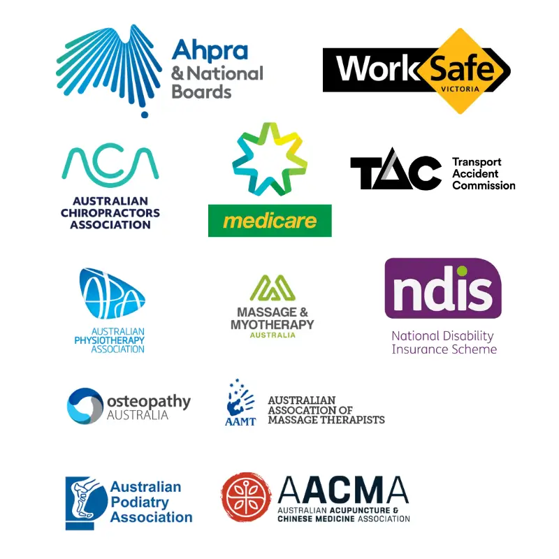 Health fund logos showcasing the various organisations that provide claims for chiropractic, physiotherapy, podiatry, osteopathy, and massage services at Brunswick Health.