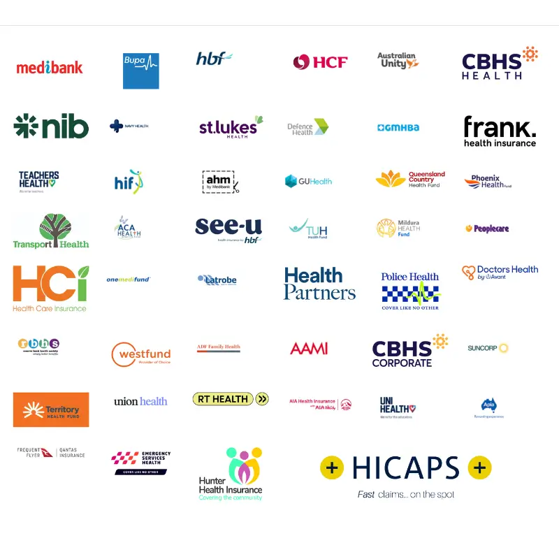 Health fund logos showcasing the various organisations that provide claims for chiropractic, physiotherapy, podiatry, osteopathy, and massage services at Brunswick Health.