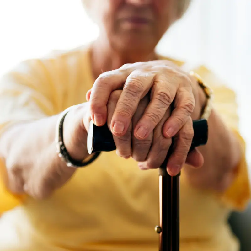 Close-up of an elderly person's hands clasped on top of a walking cane, symbolising reliance and strength.