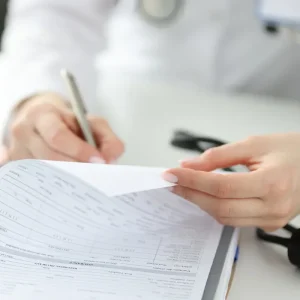 Health practitioner reviewing patient results and filling out medical documents.