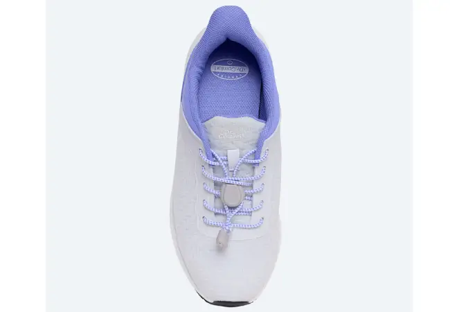 Dr. Comfort Joy white top view showing roomy toe box and elastic quick-tie lace